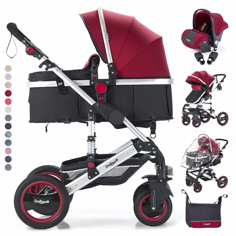 Daliya® BAMBIMO 3in1 Kinderwagen & Buggy mit Babyschale (Bordeaux-Rot Silber)