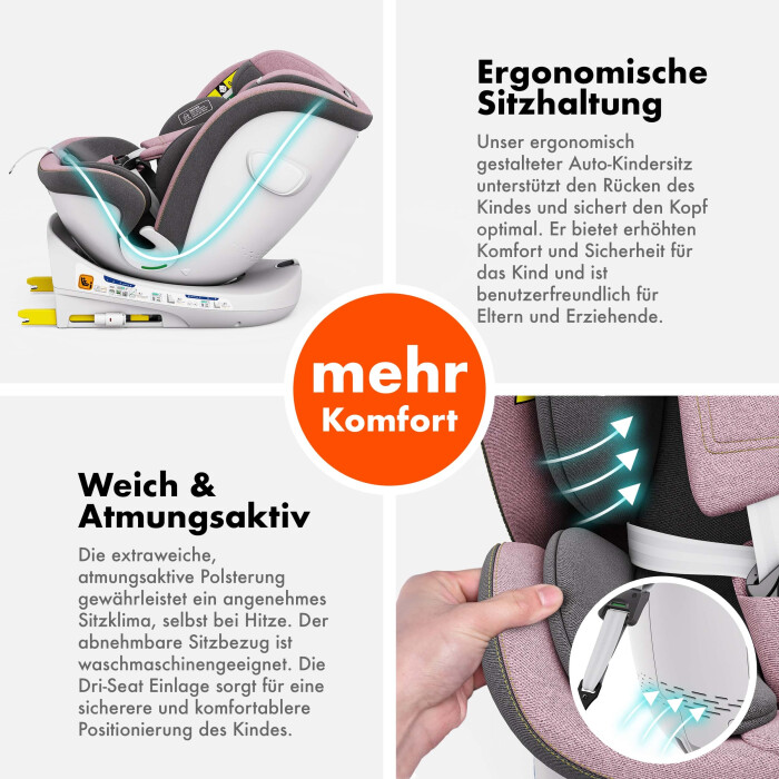 ROTAZIONE I-Size Kindersitz 360° drehbar – Rosa | I-Size, ISOFIX, Weicher Melange-Stoff