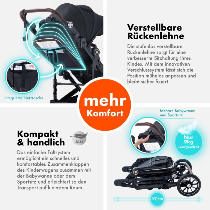 Daliya® NEOMOVE 3in1 Kinderwagen & Buggy (Schwarz-Schwarz)