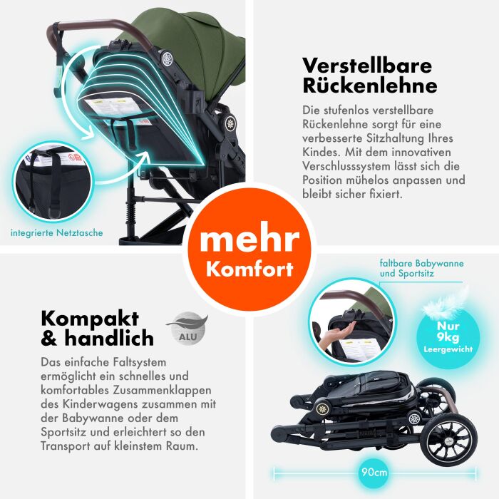 Daliya® NEOMOVE 3in1 Kinderwagen & Buggy (Schwarz-Olivgrün)