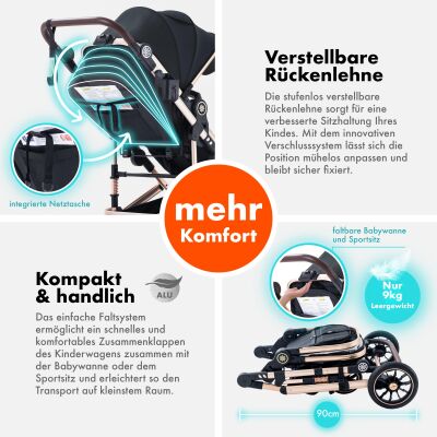 Daliya® NEOMOVE 3in1 Kinderwagen & Buggy (Gold-Schwarz)