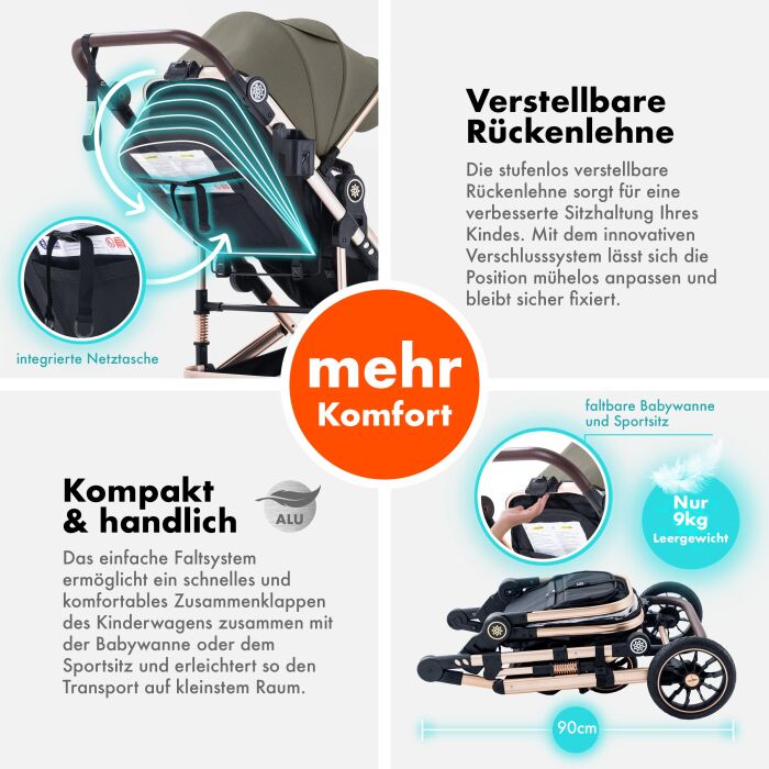 Daliya® NEOMOVE 3in1 Kinderwagen & Buggy (Gold-Braun)