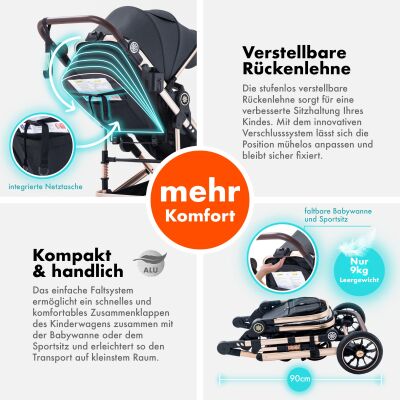 Daliya® NEOMOVE 3in1 Kinderwagen & Buggy (Gold-Dunkelgrau)