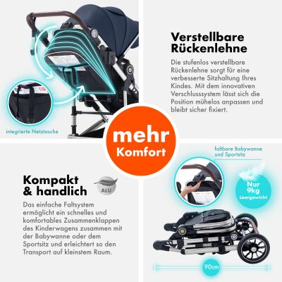 Daliya® NEOMOVE 3in1 Kinderwagen & Buggy (Silber-Blau)