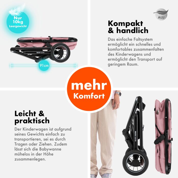 Daliya® FLEXI-PRO M 2in1 Kinderwagen & Buggy (Rosa Leinen)